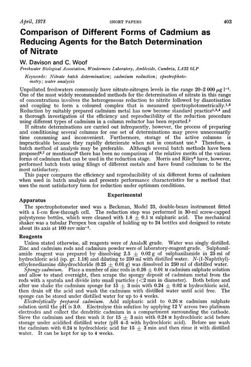 Comparison of different forms of cadmium as reducing agents for the batch determination of nitrate