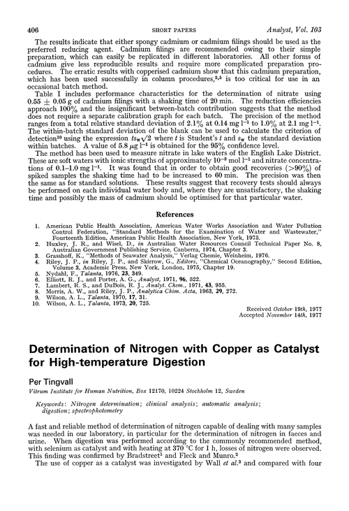 Determination of nitrogen with copper as catalyst for high-temperature digestion