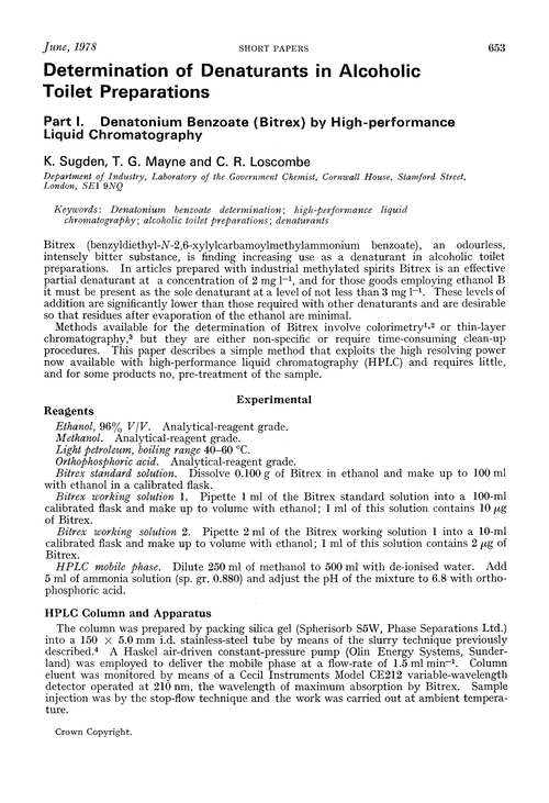 Determination of denaturants in alcoholic toilet preparations. Part I. Denatonium benzoate (Bitrex) by high-performance liquid chromatography