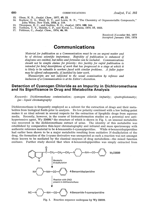 Communication. Detection of cyanogen chloride as an impurity in dichloromethane and its significance in drug and metabolite analysis