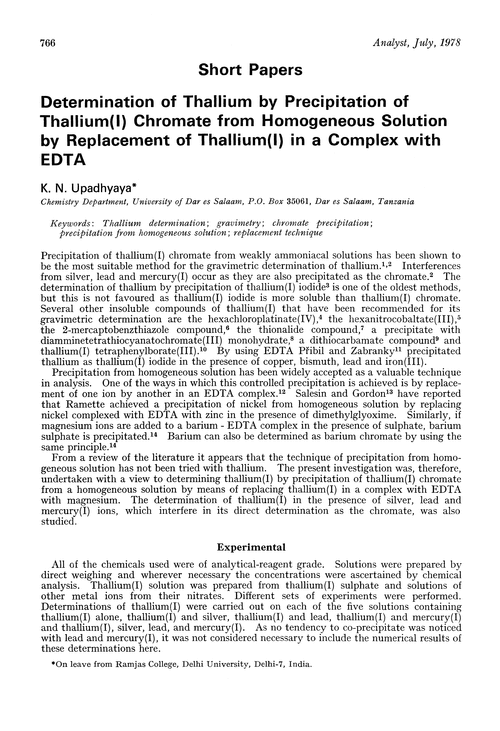 Determination of thallium by precipitation of thallium(I) chromate from homogeneous solution by replacement of thallium(I) in a complex with EDTA
