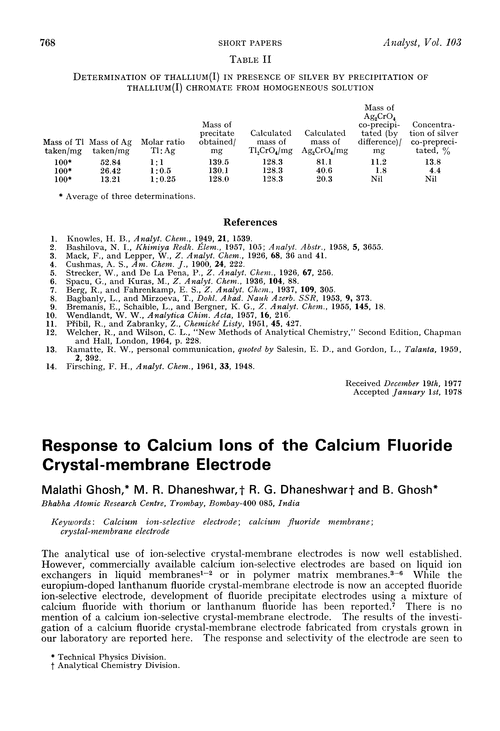 Response to calcium ions of the calcium fluoride crystal-membrane electrode