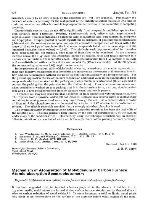 Mechanism of atomisation of molybdenum in carbon furnace atomic-absorption spectrophotometry