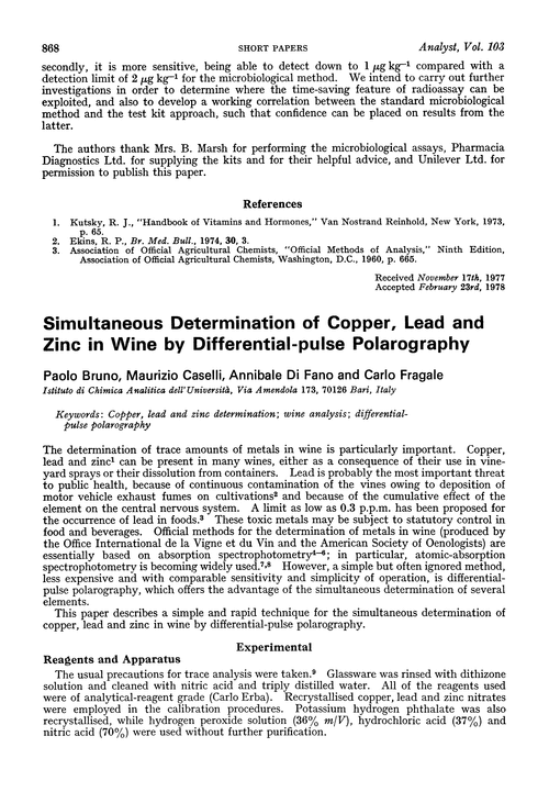 Simultaneous determination of copper, lead and zinc in wine by differential-pulse polarography