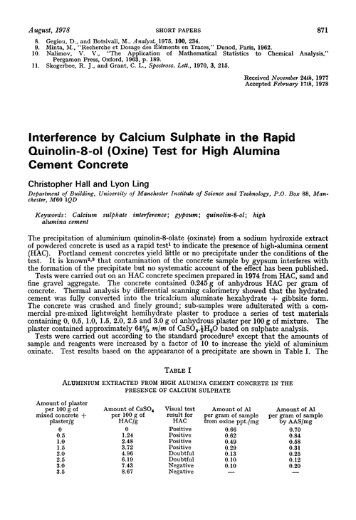 Interference by calcium sulphate in the rapid quinolin-8-ol (oxine) test for high alumina cement concrete