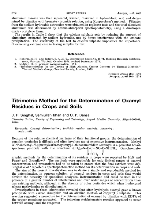 Titrimetric method for the determination of oxamyl residues in crops and soils