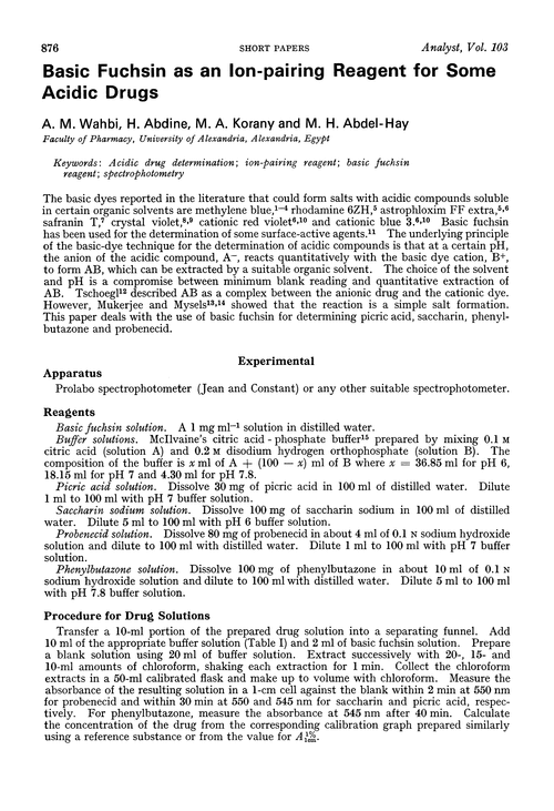 Basic fuchsin as an ion-pairing reagent for some acidic drugs