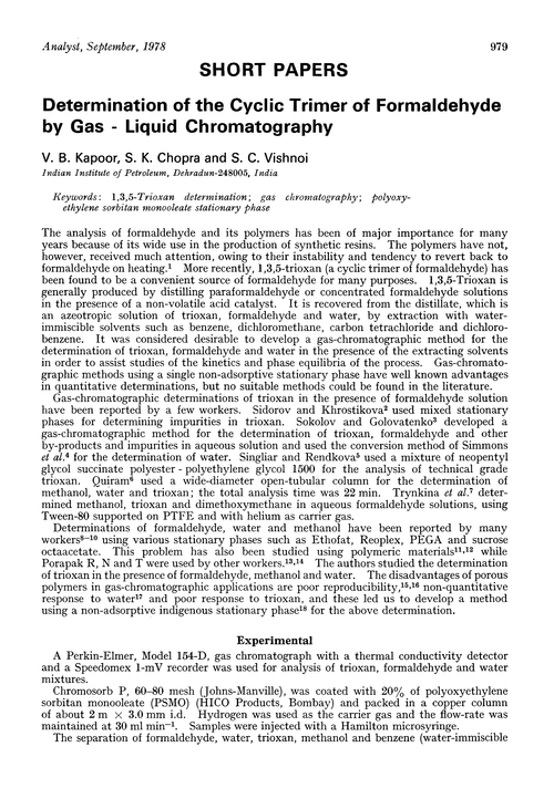 Determination of the cyclic trimer of formaldehyde by gas-liquid chromatography