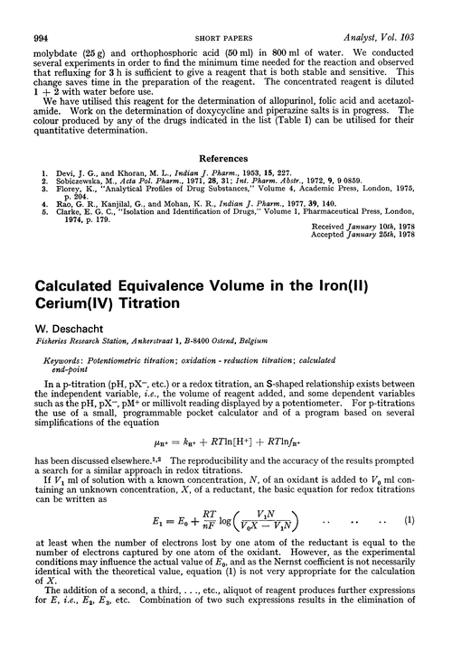 Calculated equivalence volume in the iron(II)-cerium(IV) titration