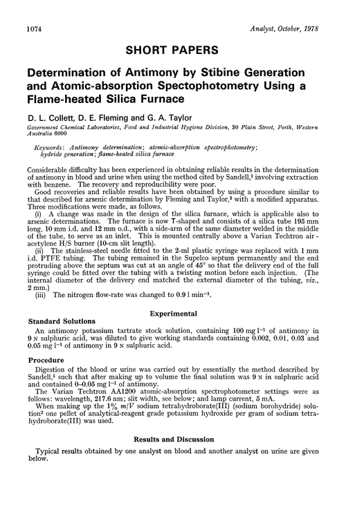Determination of antimony by stibine generation and atomic-absorption spectrophotometry using a flame-heated silica furnace