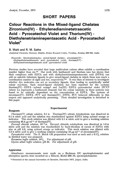 Colour reactions in the mixed-ligand chelates zirconium(IV)-ethylenediaminetetraacetic acid-pyrocatechol violet and thorium(IV)-diethylenetriaminepentaacetic acid-pyrocatechol violet