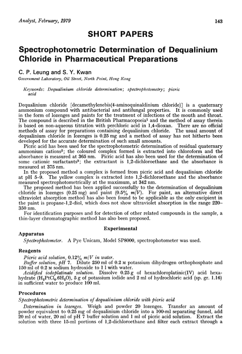 Spectrophotometric determination of dequalinium chloride in pharmaceutical preparations