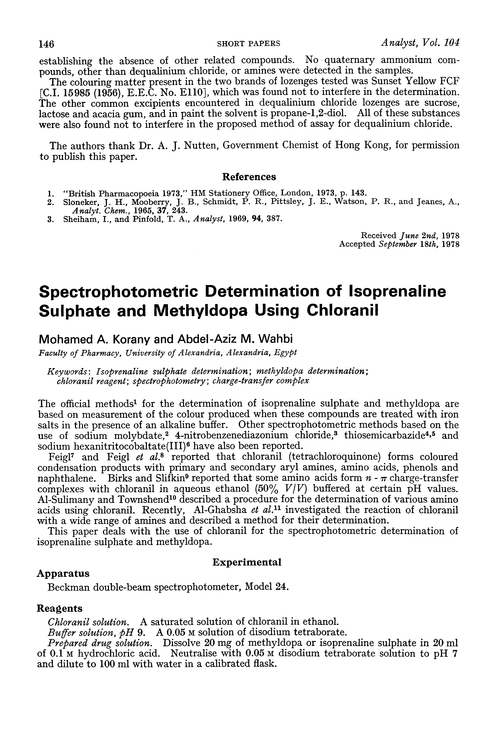 Spectrophotometric determination of isoprenaline sulphate and methyldopa using chloranil
