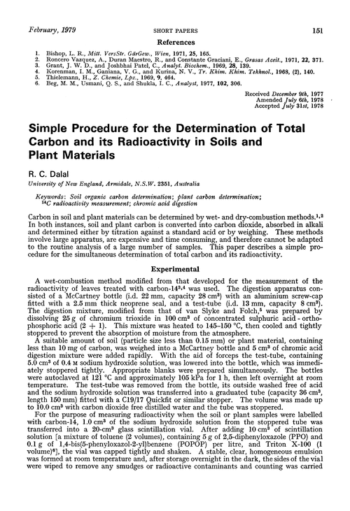 Simple procedure for the determination of total carbon and its radioactivity in soils and plant materials