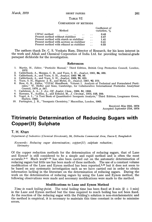 Titrimetric determination of reducing sugars with copper(II) sulphate
