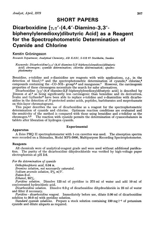 Dicarboxidine [γ, γ′-(4,4′-diamino-3,3′-biphenylylenedioxy)dibutyric acid] as a reagent for the spectrophotometric determination of cyanide and chlorine