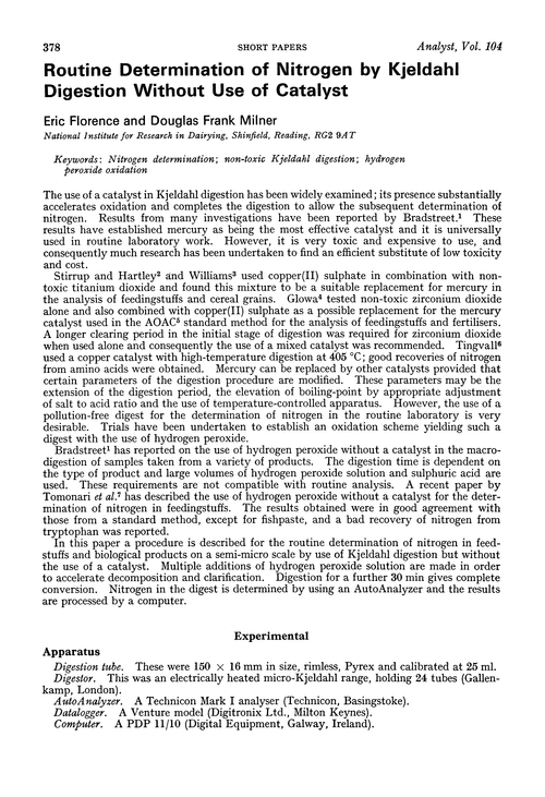 Routine determination of nitrogen by Kjeldahl digestion without use of catalyst