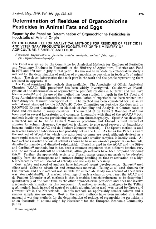 Determination of residues of organochlorine pesticides in animal fats and eggs