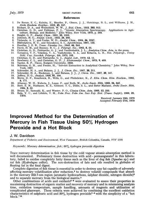 Improved method for the determination of mercury in fish tissue using 50% hydrogen peroxide and a hot block
