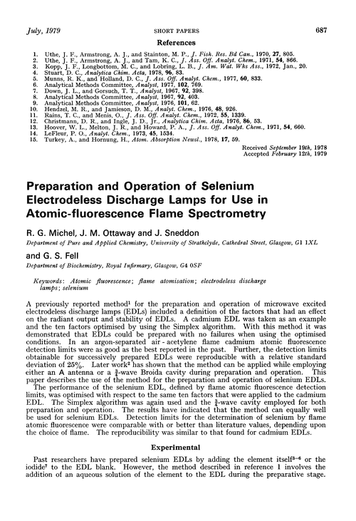 Preparation and operation of selenium electrodeless discharge lamps for use in atomic-fluorescence flame spectrometry