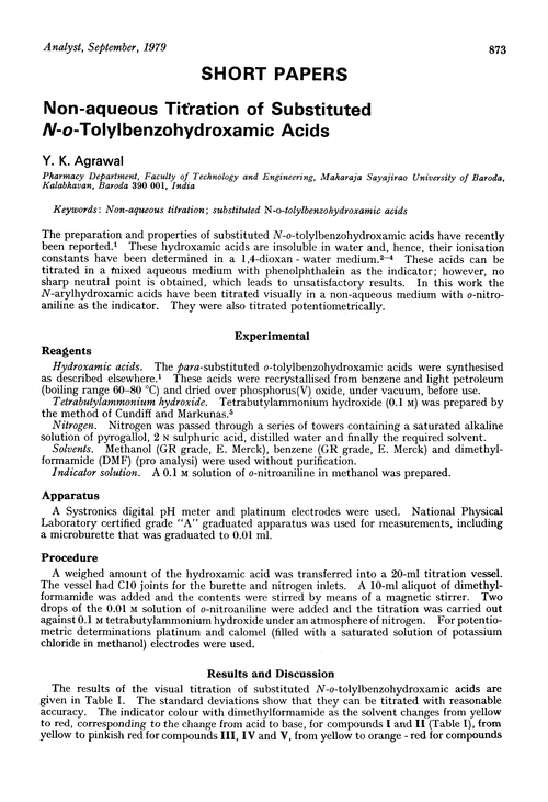 Non-aqueous titration of substituted N-o-tolylbenzohydroxamic acids