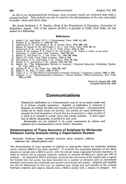 Communications. Determination of trace amounts of sulphate by molecular emission cavity analysis using a vaporisation system