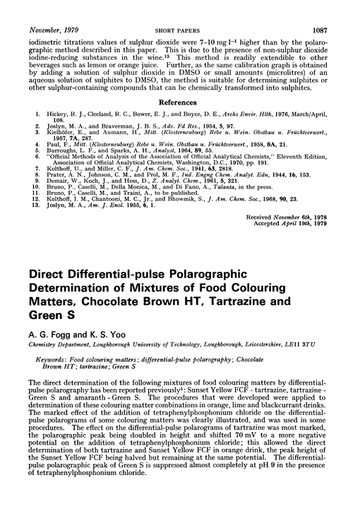Direct differential-pulse polarographic determination of mixtures of food colouring matters, chocolate brown HT, tartrazine and Green S