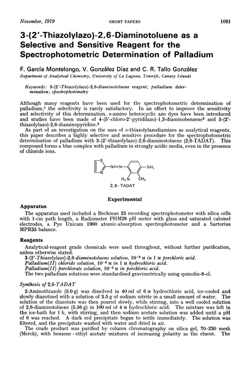 3-(2′-thiazolylazo)-2,6-diaminotoluene as a selective and sensitive reagent for the spectrophotometric determination of palladium