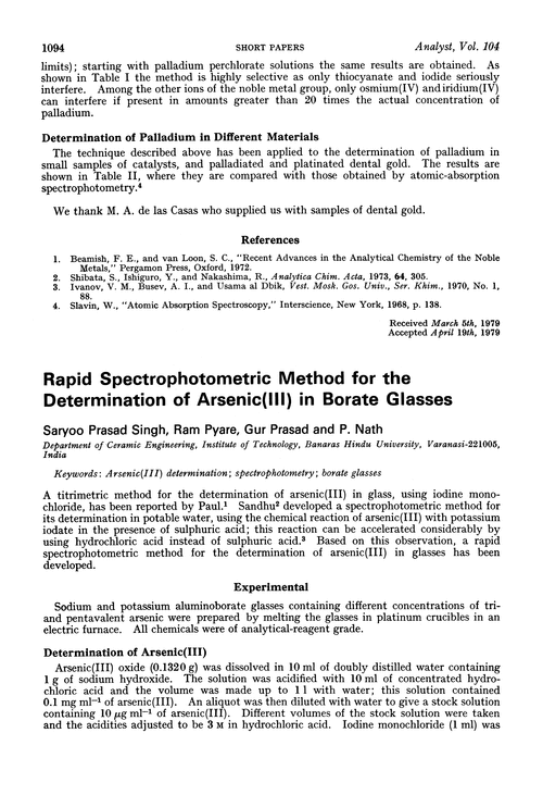 Rapid spectrophotometric method for the determination of arsenic(III) in borate glasses