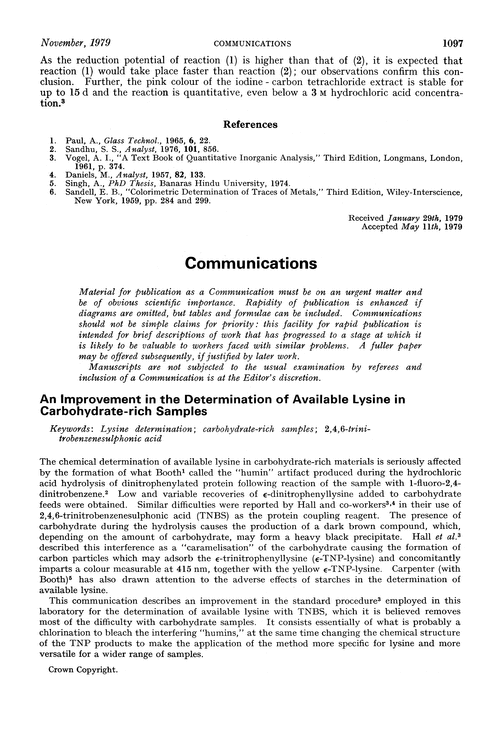 Communications. An improvement in the determination of available lysine in carbohydrate-rich samples