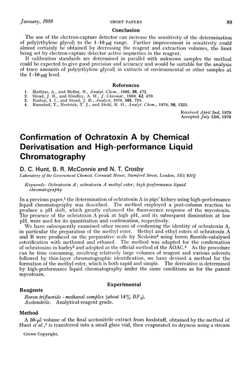 Confirmation of ochratoxin A by chemical derivatisation and high-performance liquid chromatography