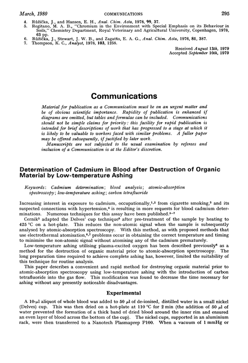 Communications. Determination of cadmium in blood after destruction of organic material by low-temperature ashing