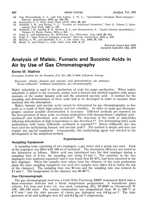 Analysis of maleic, fumaric and succinic acids in air by use of gas chromatography
