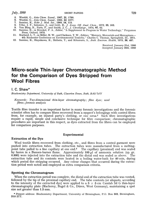 Micro-scale thin-layer chromatographic method for the comparison of dyes stripped from wool fibres