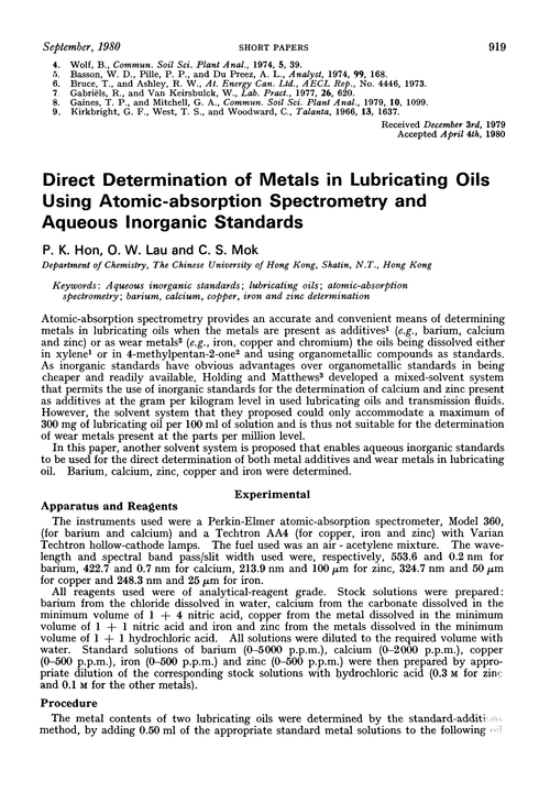 Direct determination of metals in lubricating oils using atomic-absorption spectrometry and aqueous inorganic standards