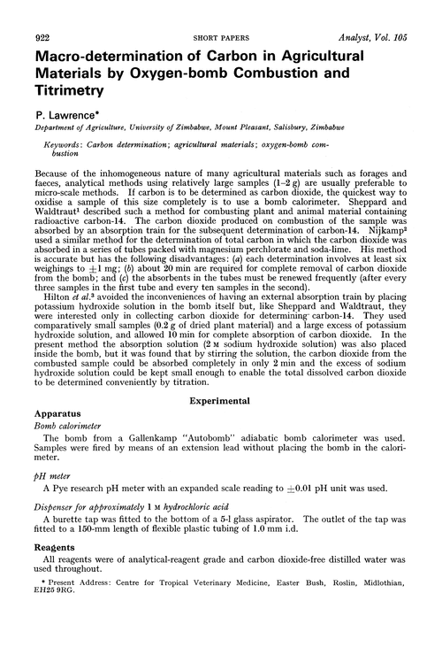 Macro-determination of carbon in agricultural materials by oxygen-bomb combustion and titrimetry