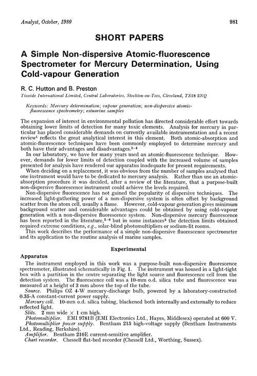 A simple non-dispersive atomic-fluorescence spectrometer for mercury determination, using cold-vapour generation