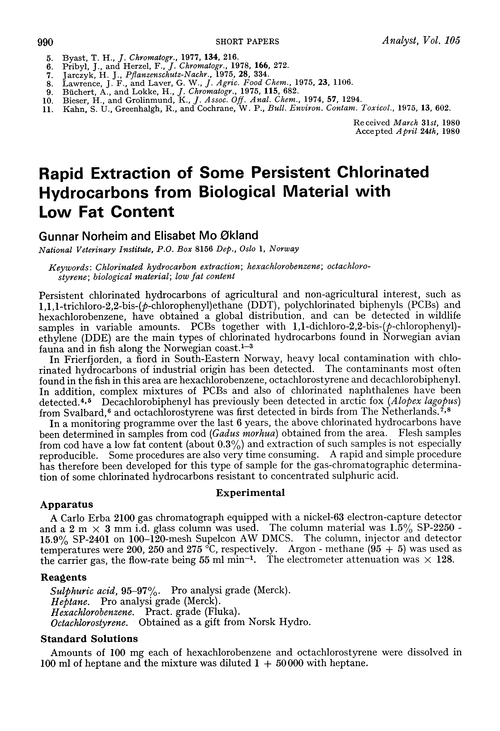 Rapid extraction of some persistent chlorinated hydrocarbons from biological material with low fat content