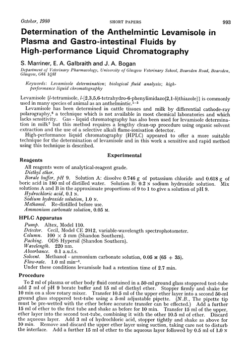 Determination of the anthelmintic levamisole in plasma and gastro-intestinal fluids by high-performance liquid chromatography