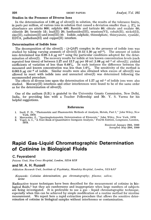 Rapid gas-liquid chromatographic determination of cotinine in biological fluids