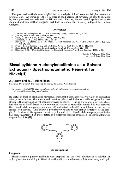 Bissalicylidene-o-phenylenediimine as a solvent extraction-spectrophotometric reagent for nickel(II)