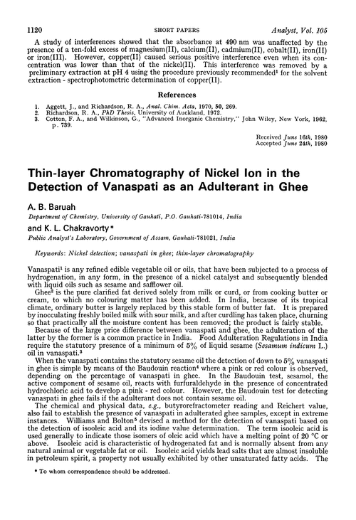 Thin-layer chromatography of nickel ion in the detection of vanaspati as an adulterant in ghee