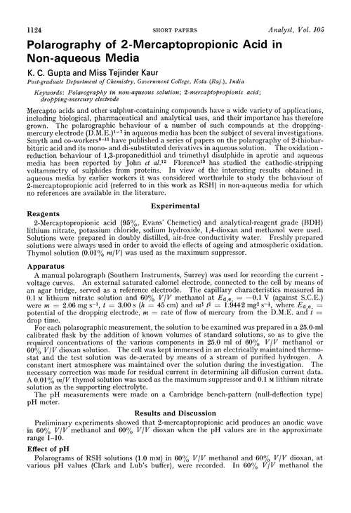 Polarography of 2-mercaptopropionic acid in non-aqueous media