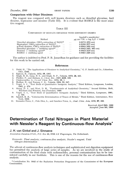 Determination of total nitrogen in plant material with Nessler's reagent by continuous-flow analysis