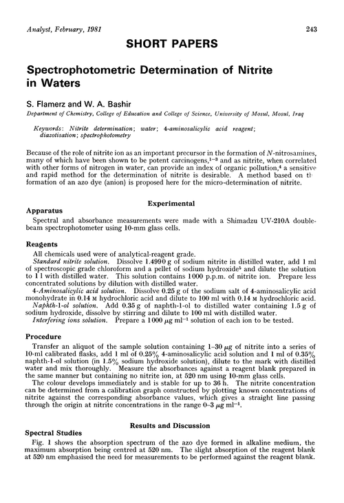Spectrophotometric determination of nitrite in waters
