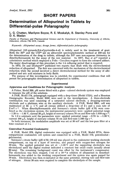 Determination of allopurinol in tablets by differential-pulse polarography