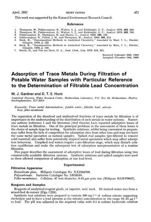 Adsorption of trace metals during filtration of potable water samples with particular reference to the determination of filtrable lead concentration