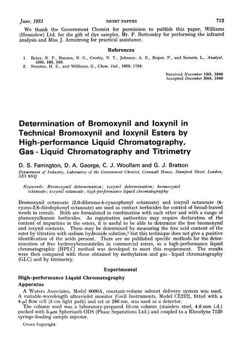 Determination of bromoxynil and loxynil in technical bromoxynil and loxynil esters by high-performance liquid chromatography, gas-liquid chromatography and titrimetry