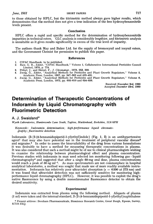 Determination of therapeutic concentrations of indoramin by liquid chromatography with fluorimetric detection