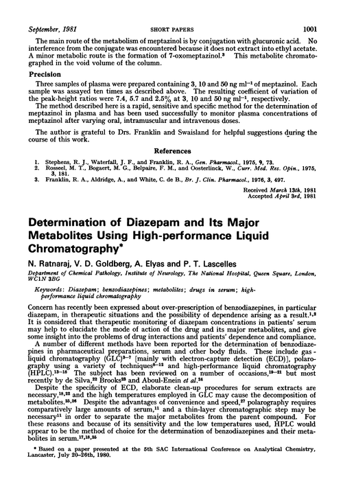 Determination of diazepam and its major metabolites using high-performance liquid chromatography